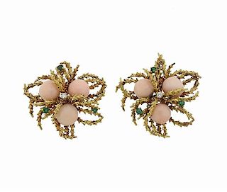 1970s 18k Gold Coral Emerald Diamond Earrings