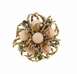 1970s 18k Gold Coral Emerald Diamond Brooch Pin