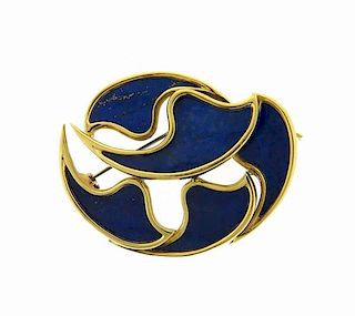 1970s French 18K Gold Lapis Abstract Pendant Brooch