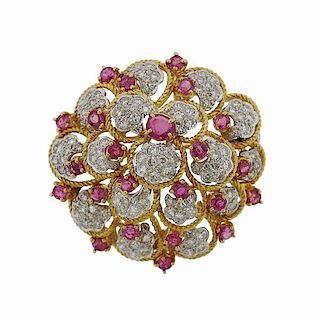 1960s Orletto 18k Gold Diamond Ruby Brooch Pin