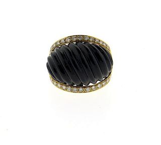 1980s 18k Gold Carved Onyx Diamond Dome Ring