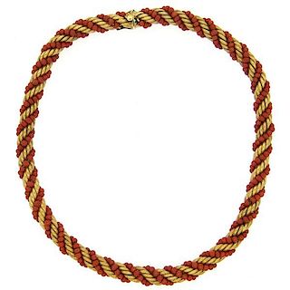 1960s 14k Gold Coral Bead Rope Necklace