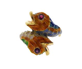 18k Gold Enamel Red Stone Fish Bypass Ring