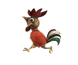 14k Gold Coral Enamel Rooster Brooch Pin