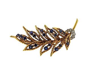 14K Gold Diamond Sapphire Brooch Pin