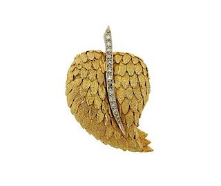 18K Gold Diamond Leaf Motif Brooch