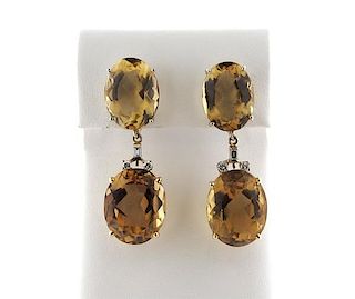 14K Gold Diamond Citrine Dangle Earrings