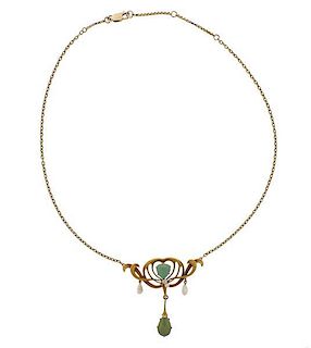 Antique Art Nouveau 14k Gold Pearl Lavalier Pendant Necklace