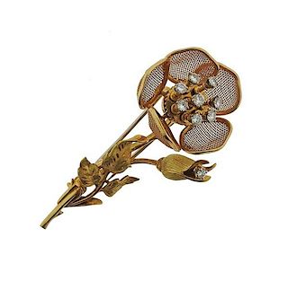 Continental 18k Gold Diamond Rose Brooch Pin
