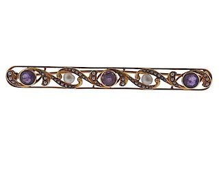 Krementz 14k Gold Pearl Purple Stone Brooch Pin