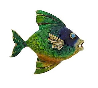 18k Gold Enamel Blue Stone Fish Brooch Pin