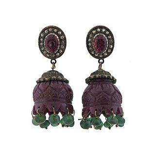 14k Gold Silver Carved Ruby Emerald Diamond Earrings