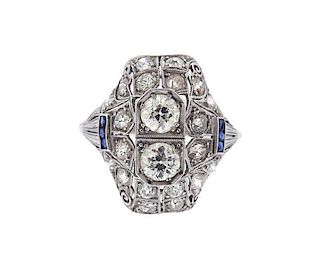 Art Deco Platinum Diamond Sapphire Ring