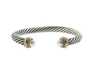 David Yurman 14K Gold Sterling Pearl Cable Bracelet