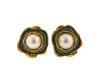Elizabeth Gage 18K Gold Pearl Enamel Earrings