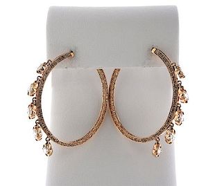 18K Gold Diamond Dangle Hoop Earrings
