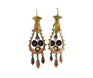 Antique Victorian 18K Gold Pearl Red Stone Earrings