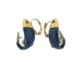 Tiffany &amp; Co 18K Gold Diamond Blue Stone Enamel Earrings