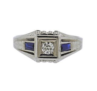 Art Deco 18K Gold Diamond Sapphire Ring