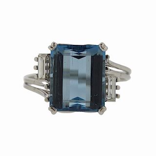 1950s 14k Gold 6ct Aquamarine Diamond Ring