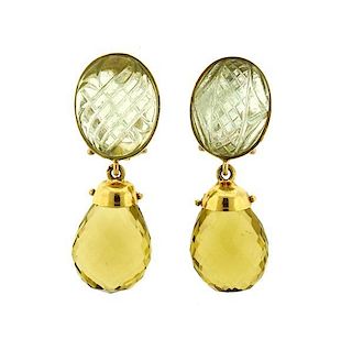 18k Gold Carved Gemstone Drop Earrings