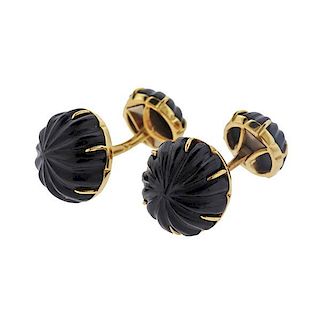 Tiffany &amp; Co French 18k Gold Carved Onyx Cufflinks
