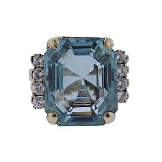 Mid Century 14k Gold 20 Carat Aquamarine Diamond Ring