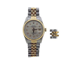 Rolex Datejust 18k Gold Steel Diamond Dial Watch 16013