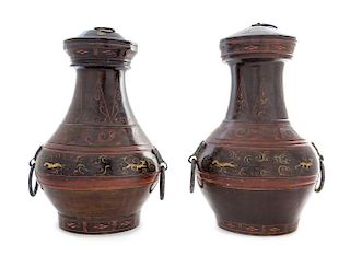 A Pair of Painted Pottery Covered Vases