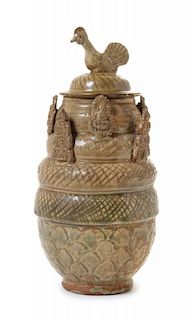 A Yueyao Green Glazed Pottery Funerary Jar and Cover, Hunping
