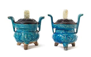 A Pair of Turquoise Glazed Pottery Censers