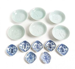 Six Celadon Glazed Porcelain Dishes Diameter of each 3 3/4 inches.