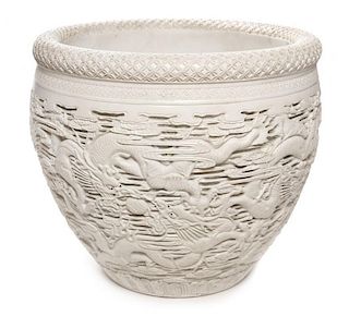 A Large Carved White Glazed Porcelain Fish Bowl