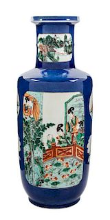 A Famille Verte and Powder Blue Porcelain Rouleau Vase