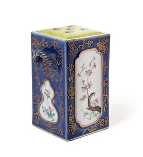 A Famille Rose and Gilt Decorated Powder Blue Porcelain Brush Holder, Bitong Height 5 inches.