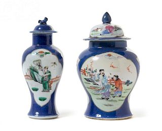 Two Powder Blue and Famille Rose Porcelain Covered Jars