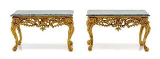 A Pair of Louis XV Style Gilt Metal and Marble Console Tables, Height 2 3/4 x width 4 3/4 x depth 2 1/4 inches.