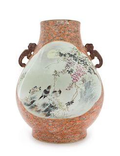 A Large Faux Bois and Famille Rose Porcelain Zun Vase