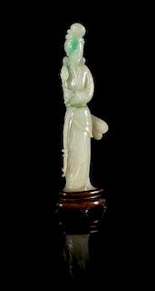 A Carved Apple Green and Celadon Jadeite Figure of a Meiren