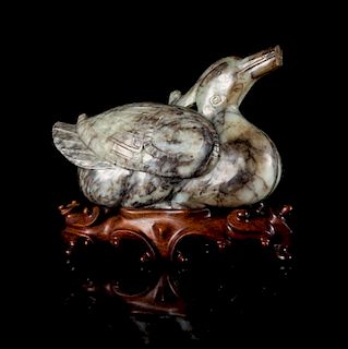 A Grey and Black Jade Figure of a Duck
