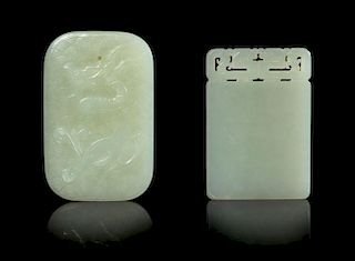 Two Carved Celadon Jade Rectangular Plaques