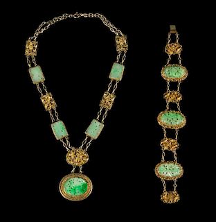 A Jadeite Inset Silver Gilt Necklace and a Bracelet Length of necklace 9 inches.