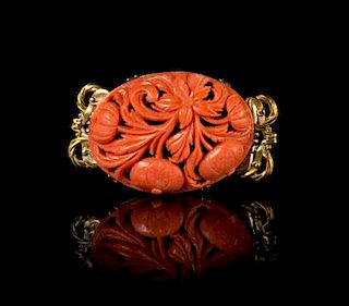 A Coral and 14K Gold Brooch