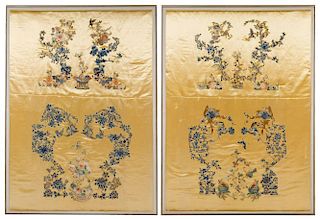 A Rare Set of Six Chinese Imperial Yellow Embroidered Silk Panels