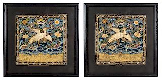 A Pair of Chinese Embroidered Silk Rank Badges of Silver Pheasants 11 x 11 inches.