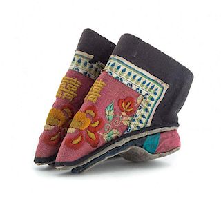 A Pair of Chinese Embroidered Silk Lady's Lotus Shoes