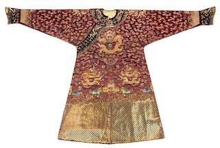 A Chinese Embroidered Silk Dragon Robe