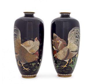A Pair of Cloisonne Enamel Rooster Vases