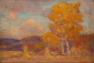 Dawson Dawson-Watson, (American, 1864-1939), Autumn Landscape with Haystacks