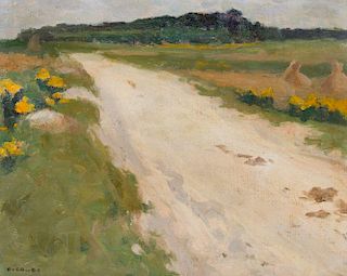 Eanger Irving Couse, (American, 1866-1936), Landscape with Haystacks